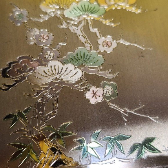 Vintage Elgin American Make-Up Compact Brass Etched Asian Bonsai Tree USA Made - Picture 7 of 12
